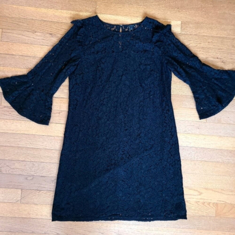 Ann Taylor Black Lace bell sleeve mini dress sheath dress 3/4 sleeve size 8 - Picture 2 of 12
